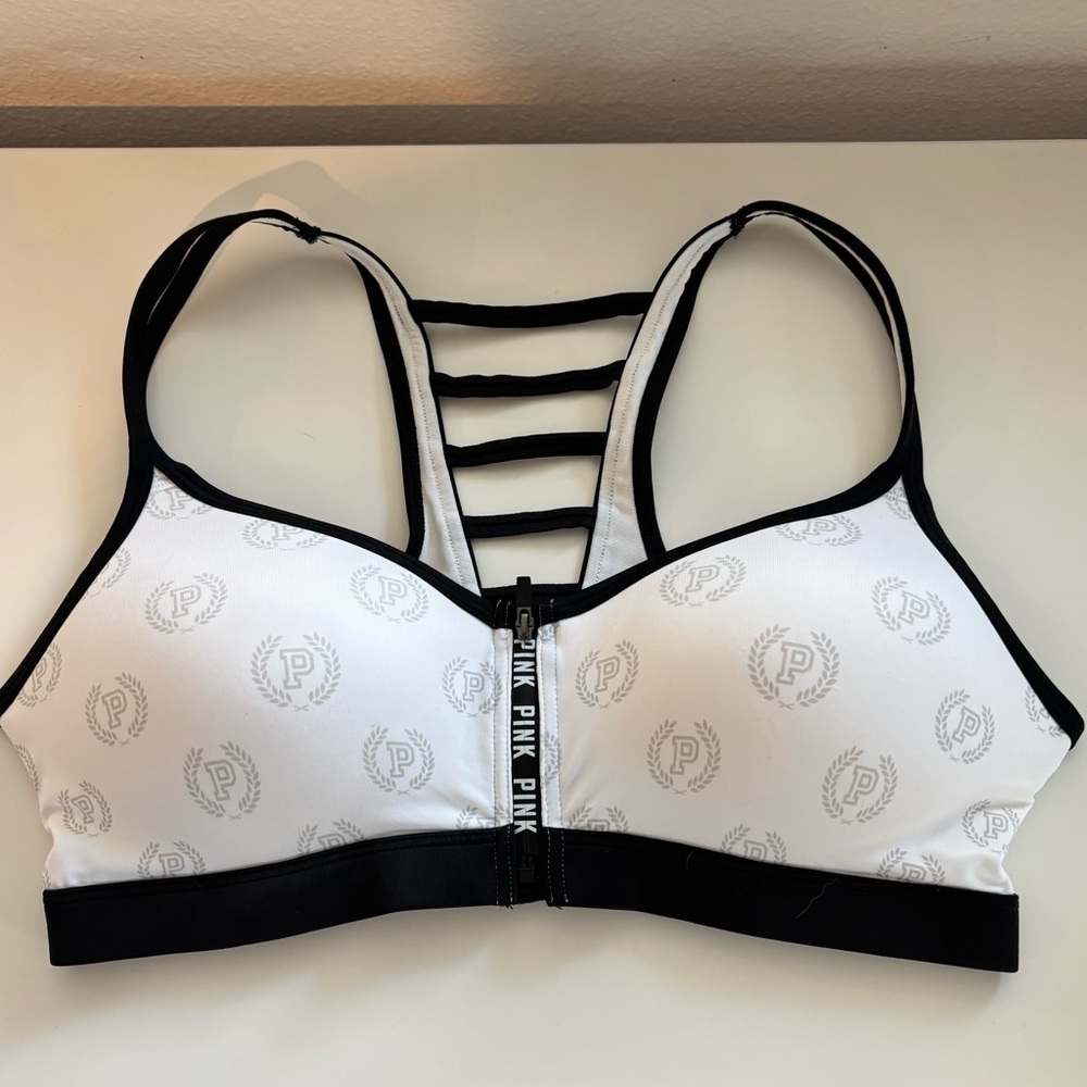 PINK Victoria's Secret Black and White Sports Bra front zip push-up never worn
